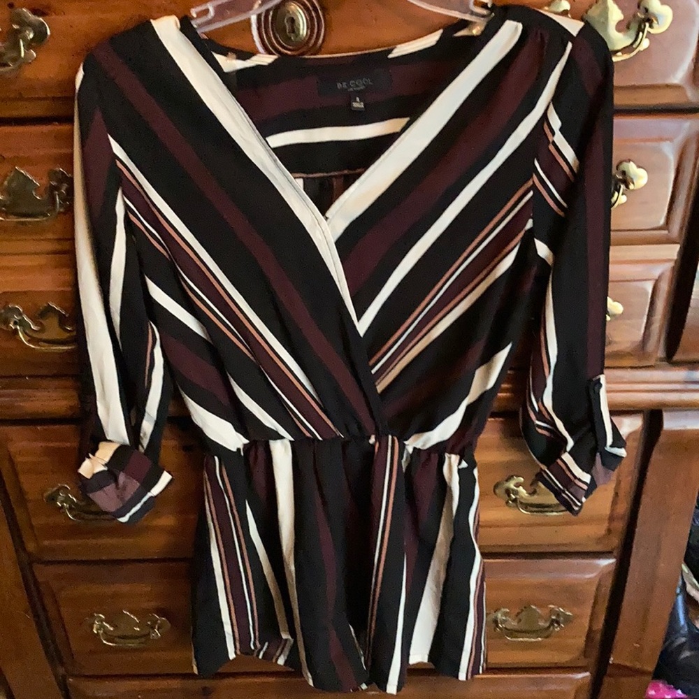 BE COOL V-Neck Striped romper - Black, White, Brown 3/4 sleeve size Small